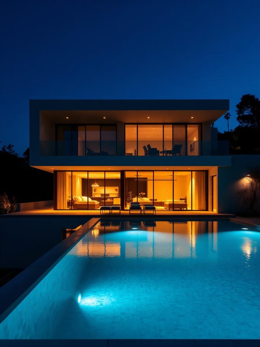Luxury villa with infinity pool at night