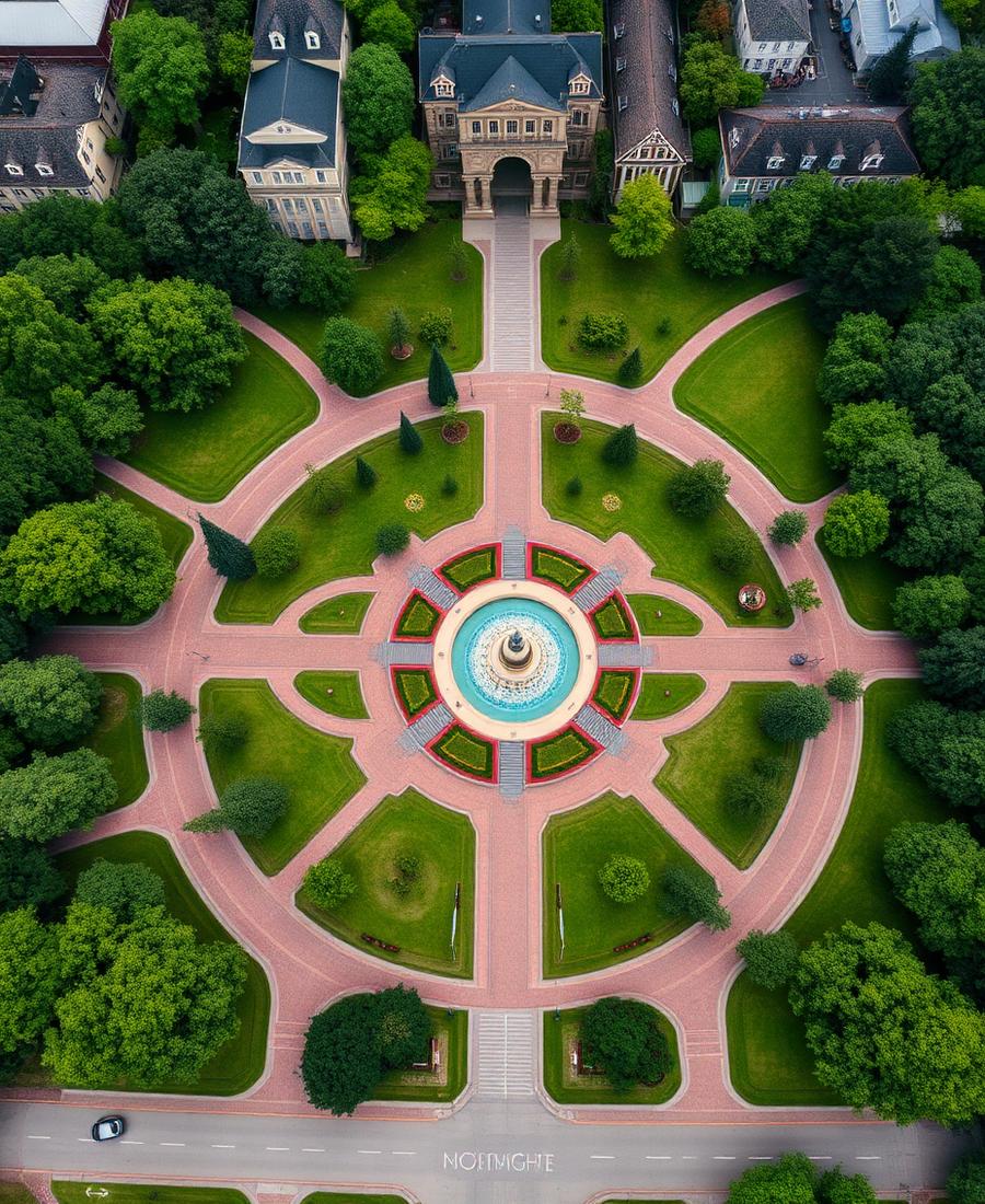Aerial of central park and fountain